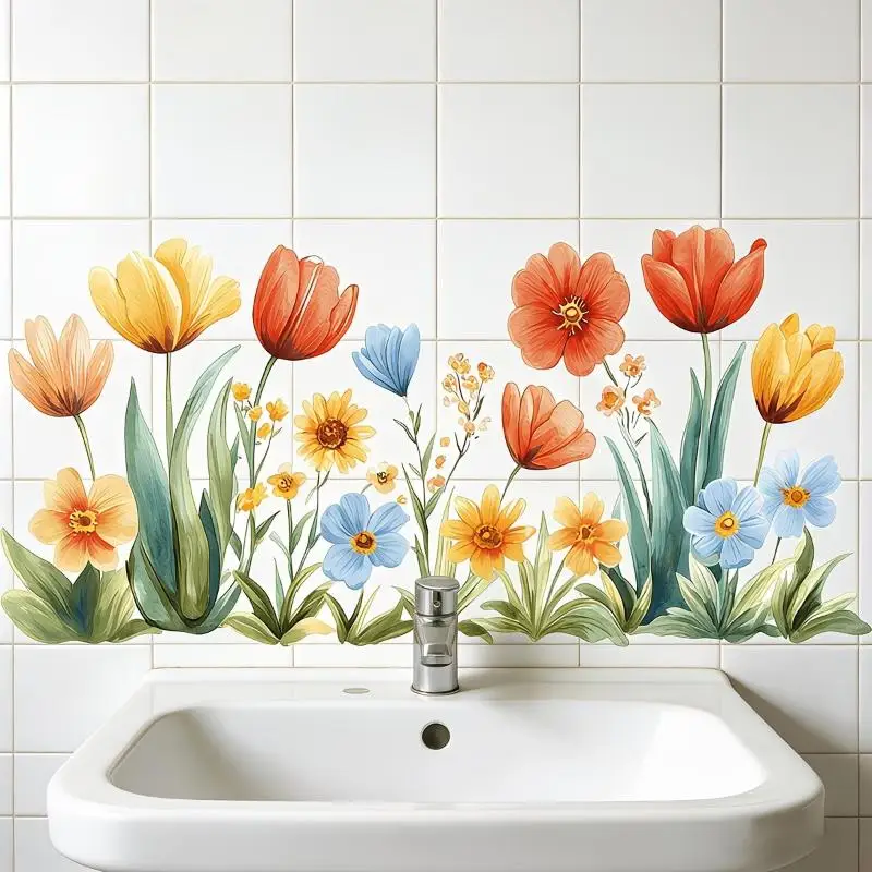 Fresh Floral Pattern Sink Area Background Wall Sticker Bathroom Wall Decoration Self-Adhesive Removable Waterproof Creative Stic