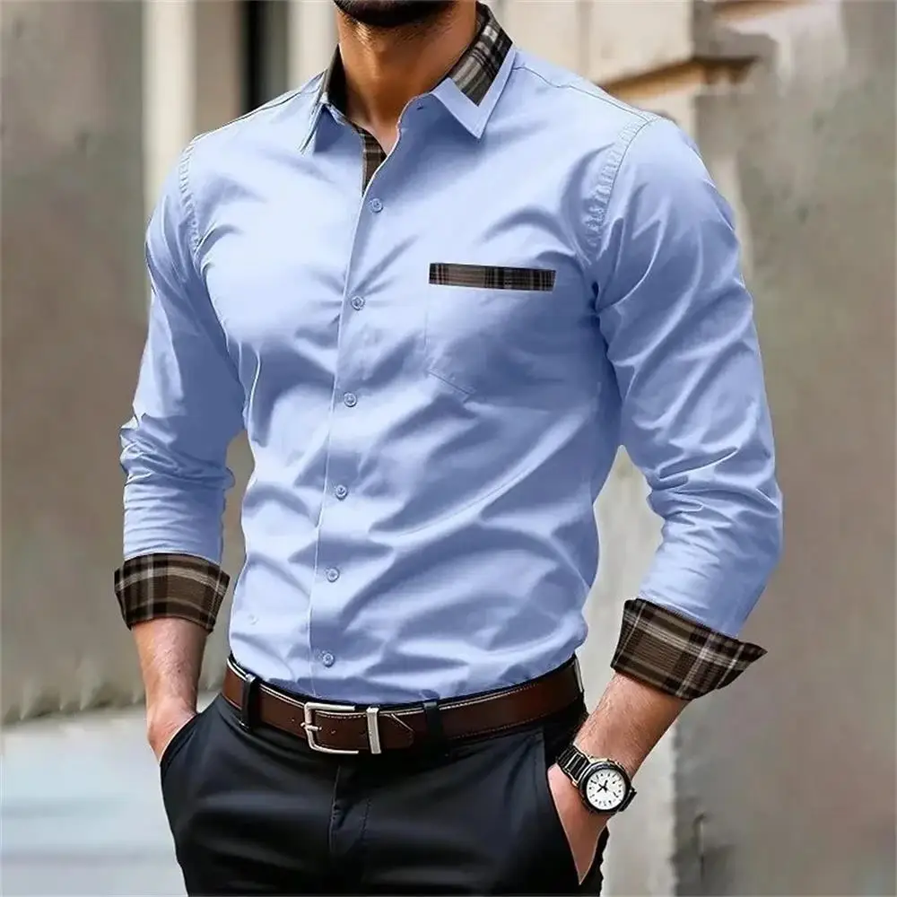 

New men's ironless long sleeved lapel shirt, men's business casual long sleeved shirt, daily comfortable plus size shirt
