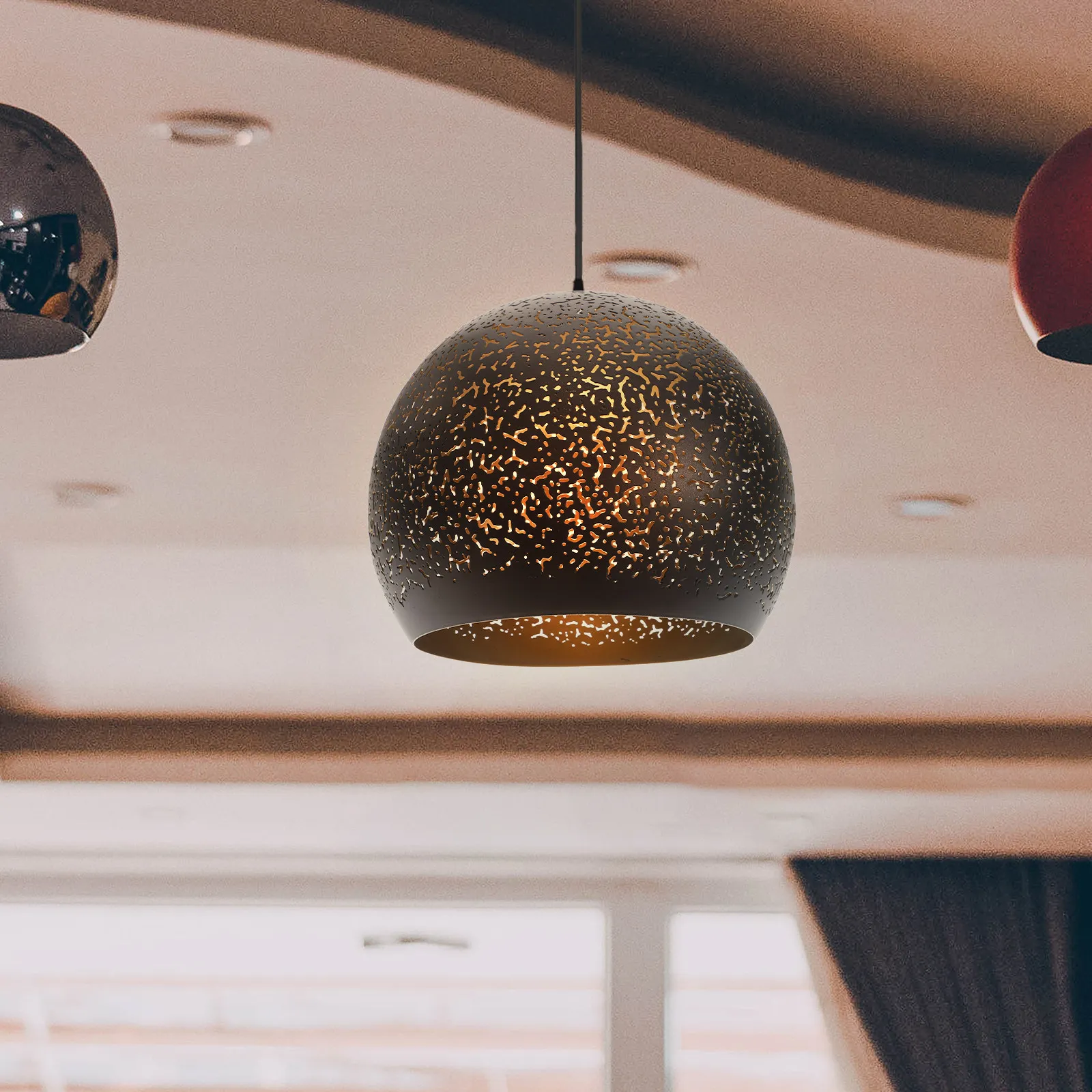 

Iron Hollow Out Metal Lamp Shade Black Hanging Modern Pendant Light Shade Replacement for Kitchen Restaurant Bar Ceiling Lamp