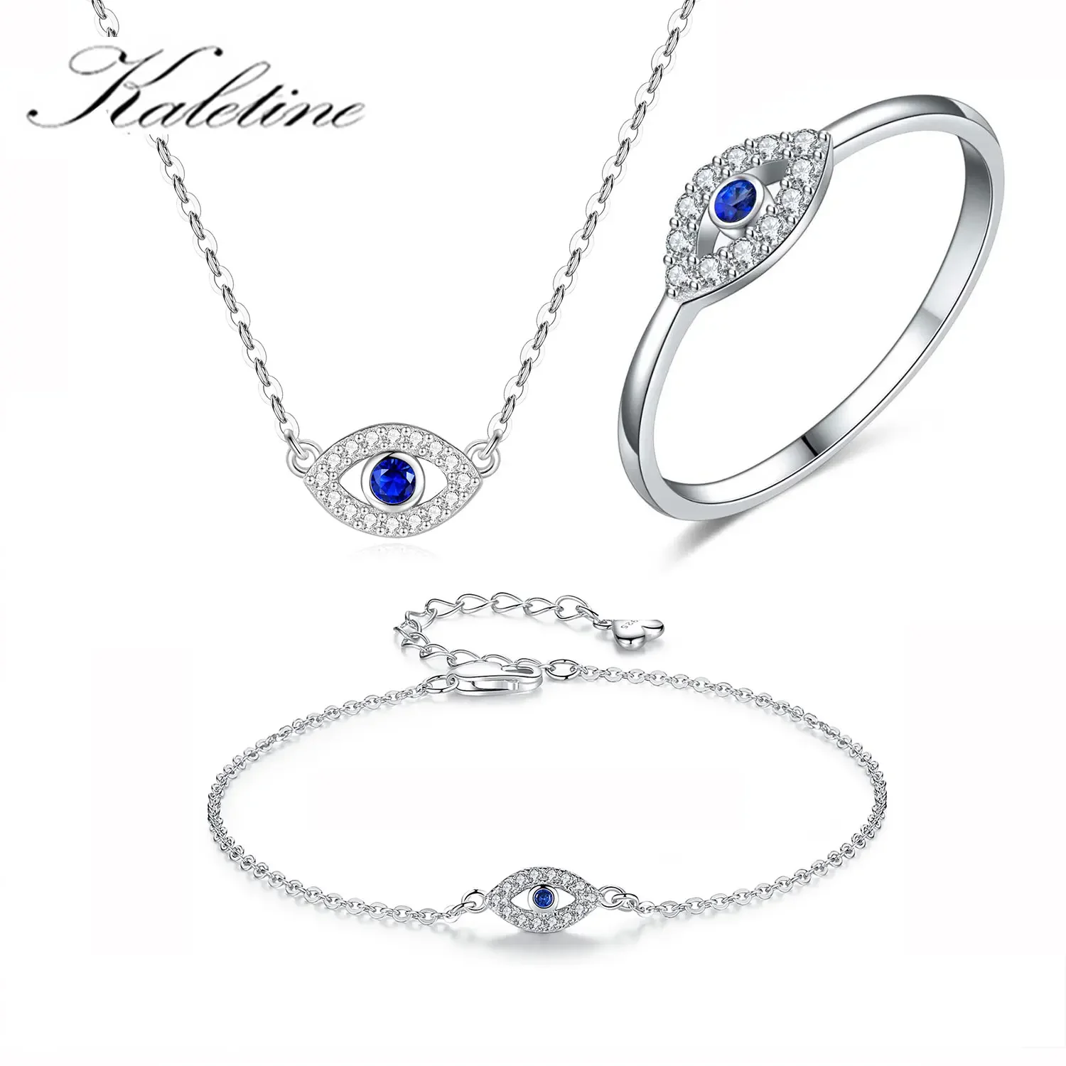 KALETINE Evil Eye 925 Sterling Silver Turkey Jewelry Sets for Women Blue Pendant Necklace Ring Bracelet Wedding Gift For Girl