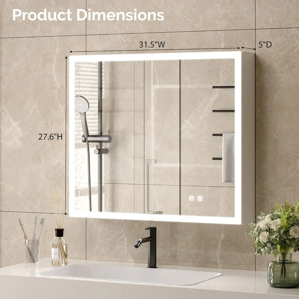 خزانة طبية مضاءة مع مرآة حمام، خزانة طبية مثبتة على الحائط مع أضواء تخزين LED لشحن ثابتة