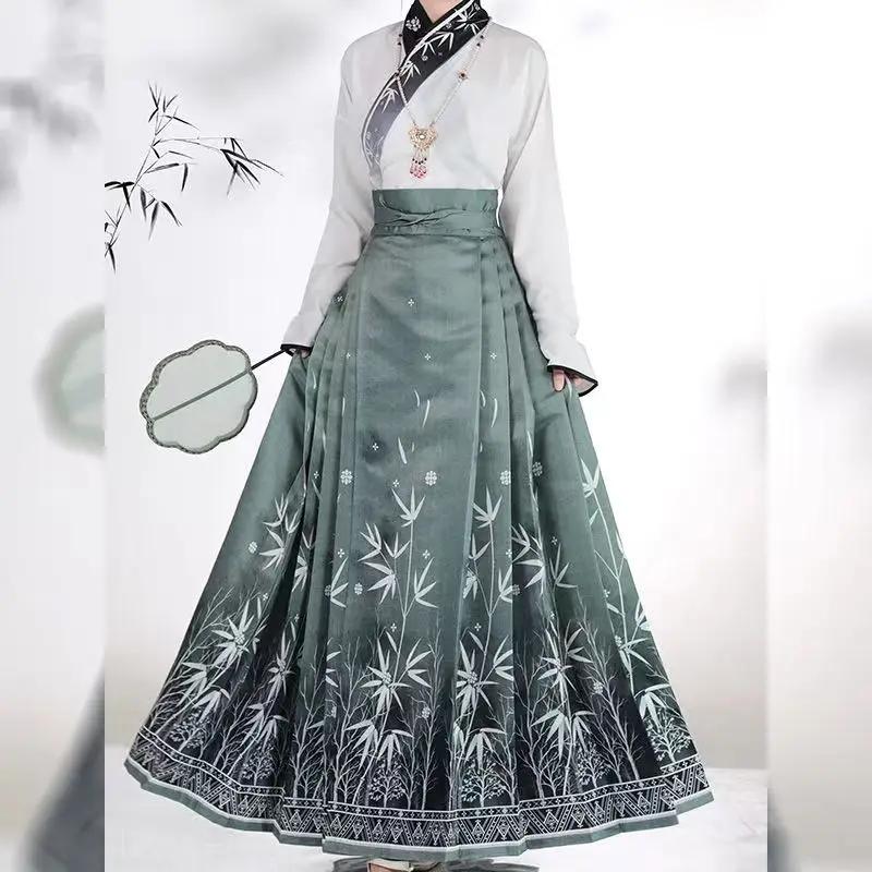 

Black Grey Blue Green Horse Face Skirt Original Ming Dynasty Hanfu Women's Bamboo MaMian Skirt Chinese Traditional Costumes