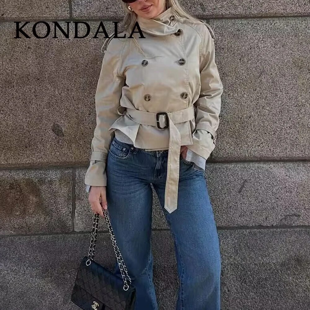 

KONDALA Chic Brown Autumn England Women Short Windbreak Single Breasted Sashes Jacket Fashion 2025 Streetwear Casual Cool Coat
