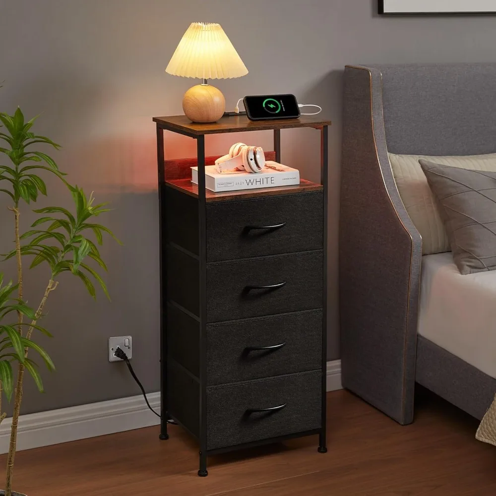 

Bedside table with charging station and LED light for bedroom, high 4-drawer dresser with fabric bucket for bedside laundry