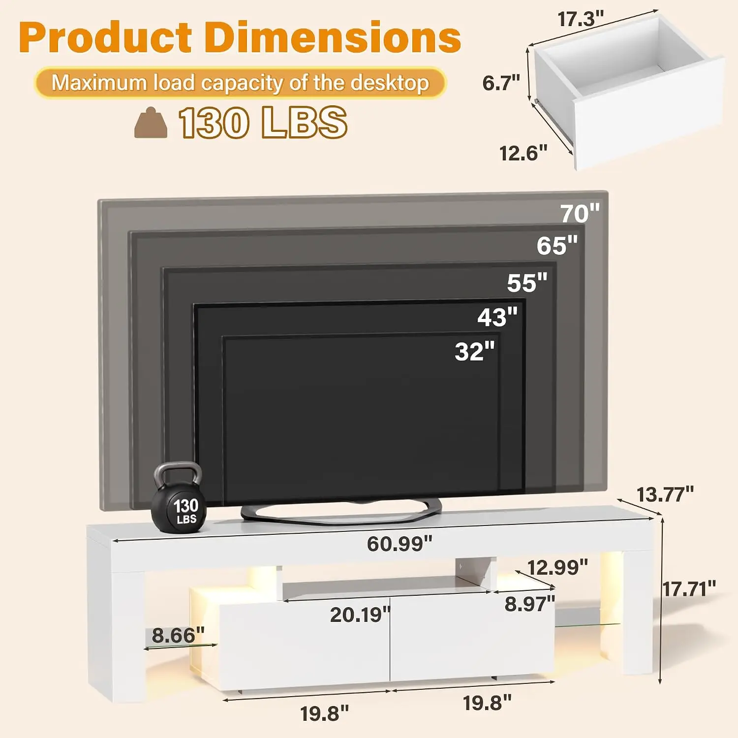 LED TV Stand with Glass Shelves & Drawer, RGB Entertainment Center for Living Room & Bedroom, 60 Inch, White, Customized