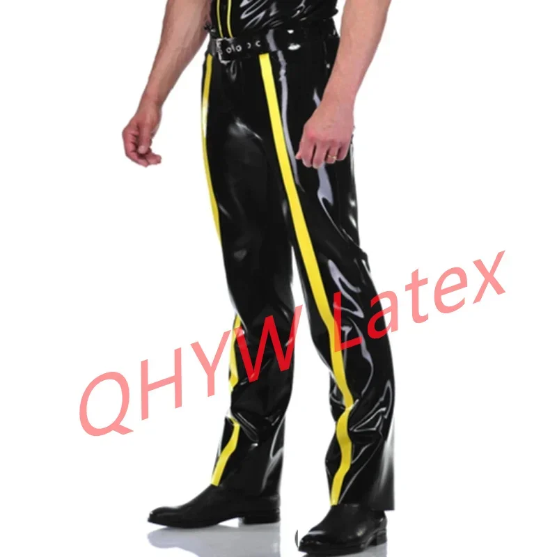 Black and Yellow Stripes At Front Sexy Latex Jeans with Buttons Zippers Rubber Pants Trousers Bottoms