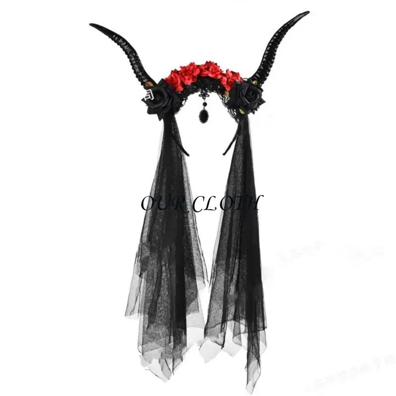 

Готическая повязка на голову с овечьим рогом, рогами дьявола с цветами и тюлем для костюма на Хэллоуин Y1AC