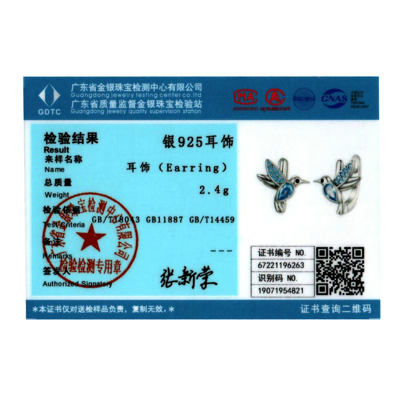 WOSTU-pendientes de aro de Plata de Ley 925 con forma de pájaro colibrí para mujer, Clips para las orejas de gota de cristal azul, joyería de boda de lujo