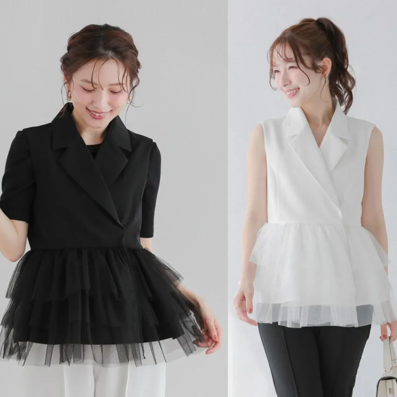 

Autumn Women's Suit Collar Patchwork Mesh Vest Jacket Tops Korean Japanese Style Casual Waistcoat Solid Color Sleeveless Coat