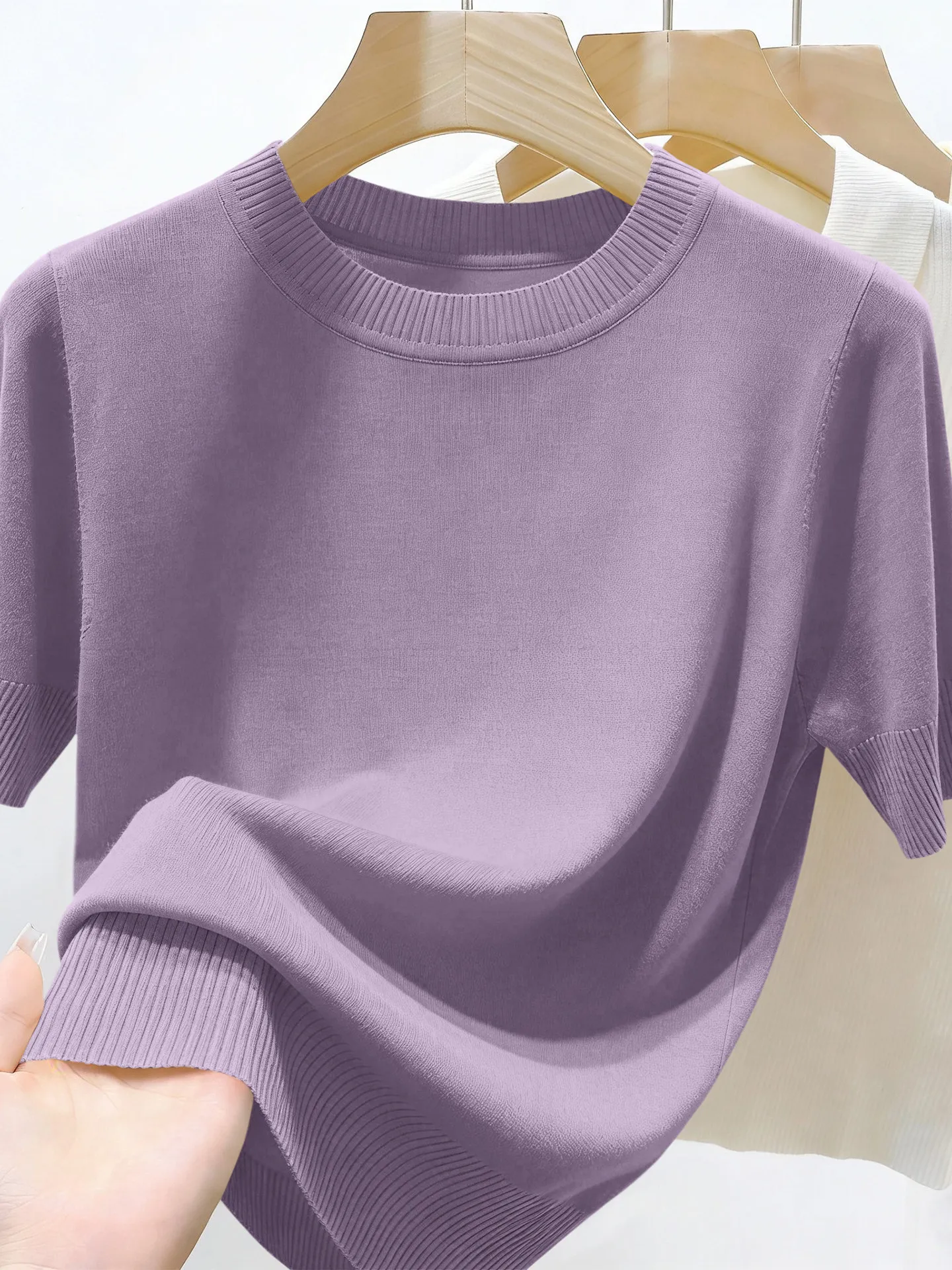 Outlet Guangzhou Thirteenth Factory Korean Style round Neck Short Sleeve Thin Knitted T-Shirt Women Anti-Aging Top Summer