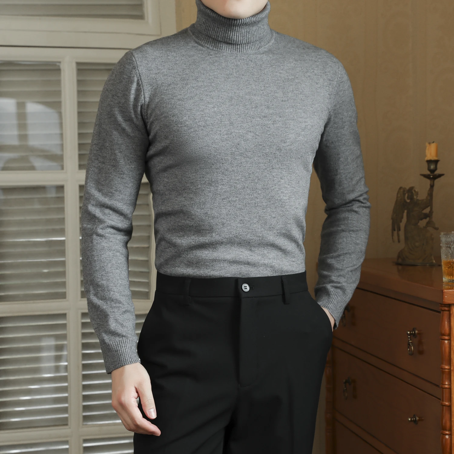 

ay High Collar Knitted Sweater for Men Fitn Inner Wear Elastic Warm Top Korean Sle Slim Fit Trendy Woolen irt