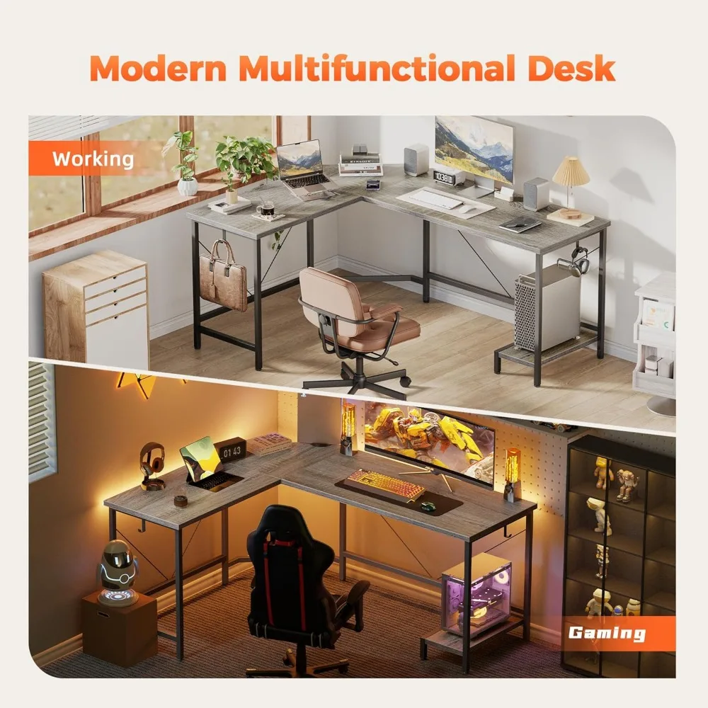 مكتب مكتب منزلي على شكل حرف L، مكتب ألعاب كمبيوتر زاوية 59 بوصة مع حامل وحدة المعالجة المركزية الخشبية، طاولة كتابة للدراسة للعمل المريح أ