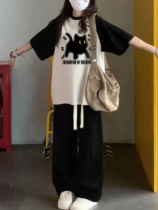 

plus Size 300 Pounds Fat Sister College Style Girl Sports Two-Piece Set Women Summer Short Sleeve T-Shirt Five-Quarter Pants Set