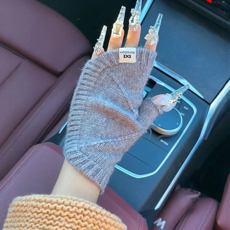 الكشمير أصابع قفازات النساء الشتاء الدافئة قذيفة محبوك قفازات أنيقة موضة تدفئة المعصم لمسة ناعمة نصف اصبع الفاخرة #3