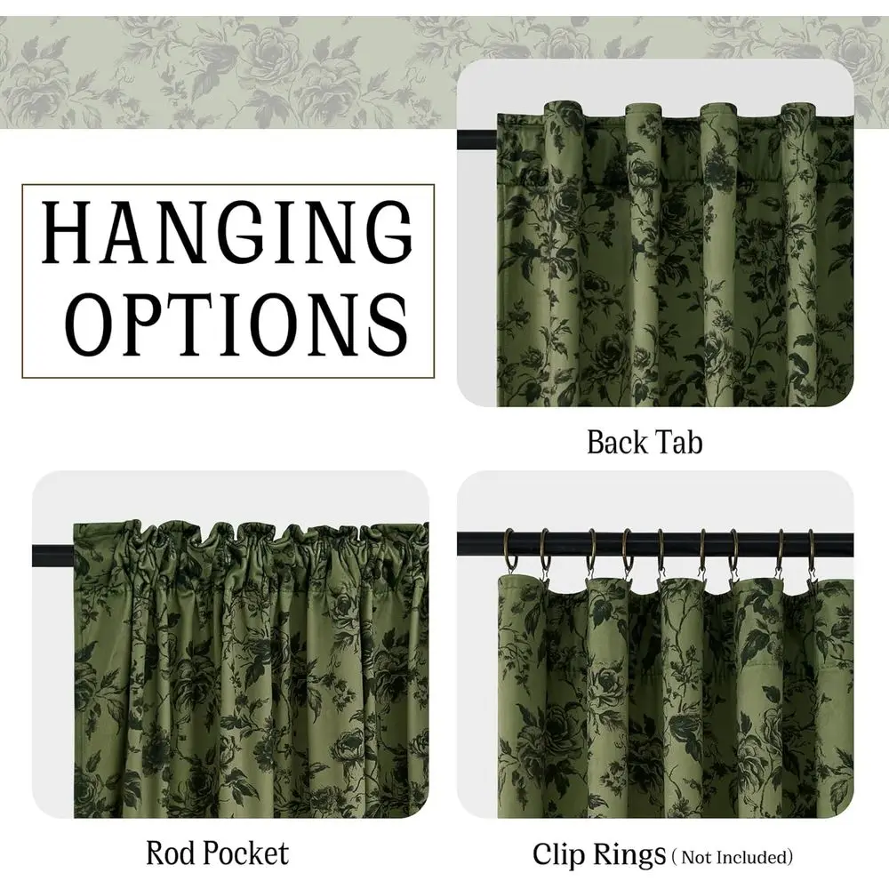 빈티지 플로럴 84 열 차단 올리브 그린 벨벳 커튼, 가정용, 50x84, 2패널 세트