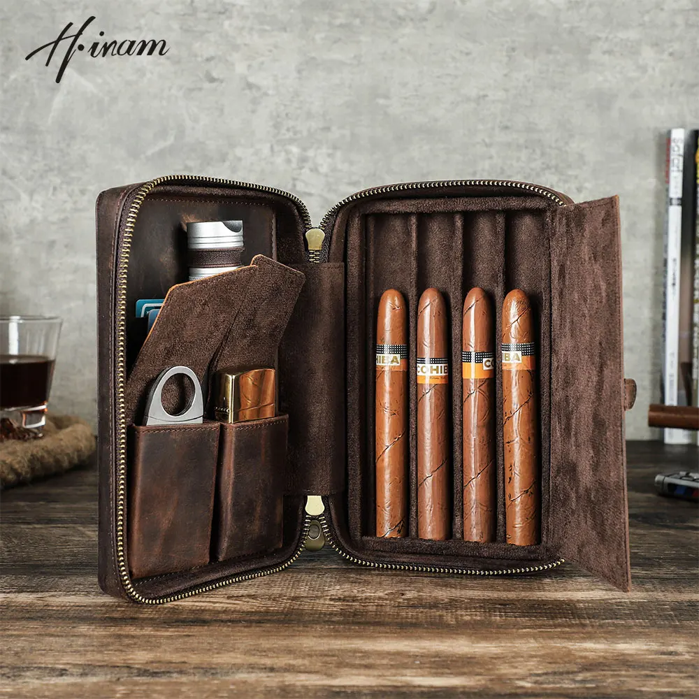 Genuine Leather Cigar Travel Case Holder With Portable Lighter Cutter Pocket Humidor Cigar Accessories Gift Set