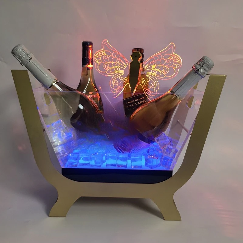 Gold wrought iron ice bucket U wine bucket LED colorful luminous acrylic beer bucket bar champagne frame ice grains