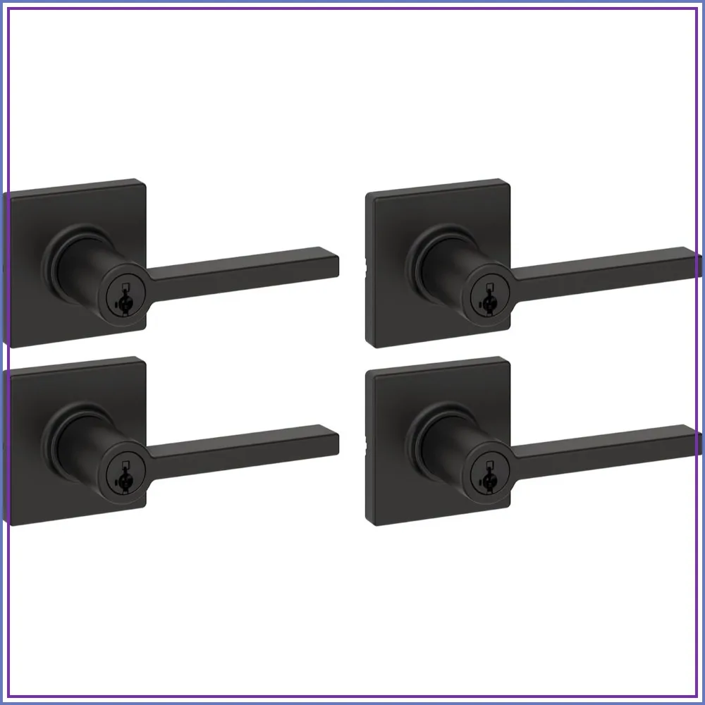 

Keyed Entry Door Handle with Lock and Key, Reversible Lever Exterior, for Front Entrance and Bedrooms, Matte Black, 4 Pack, Pick Resistant SmartKey Rekey Security