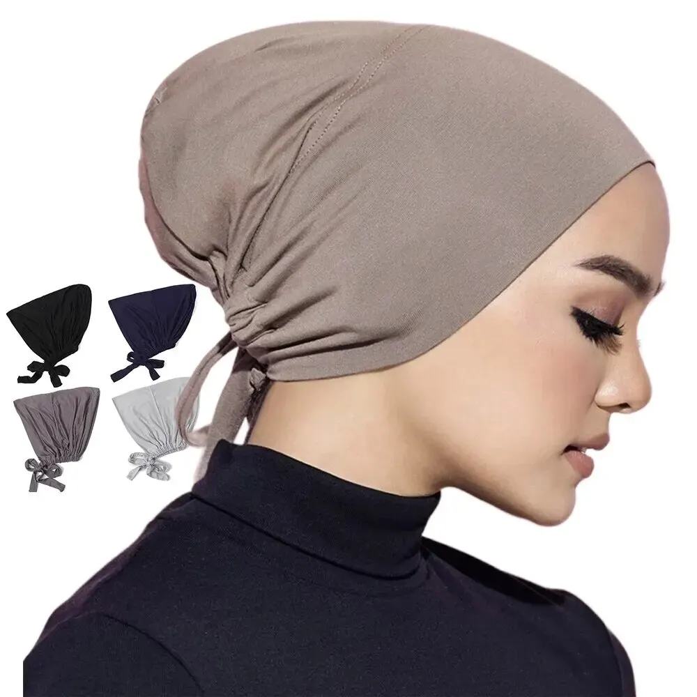 1 pz antiscivolo Modal coulisse Undercap per le donne-semplice cappuccio Hijab interno elasticizzato con cravatta sul retro-cappello Base stile Boho