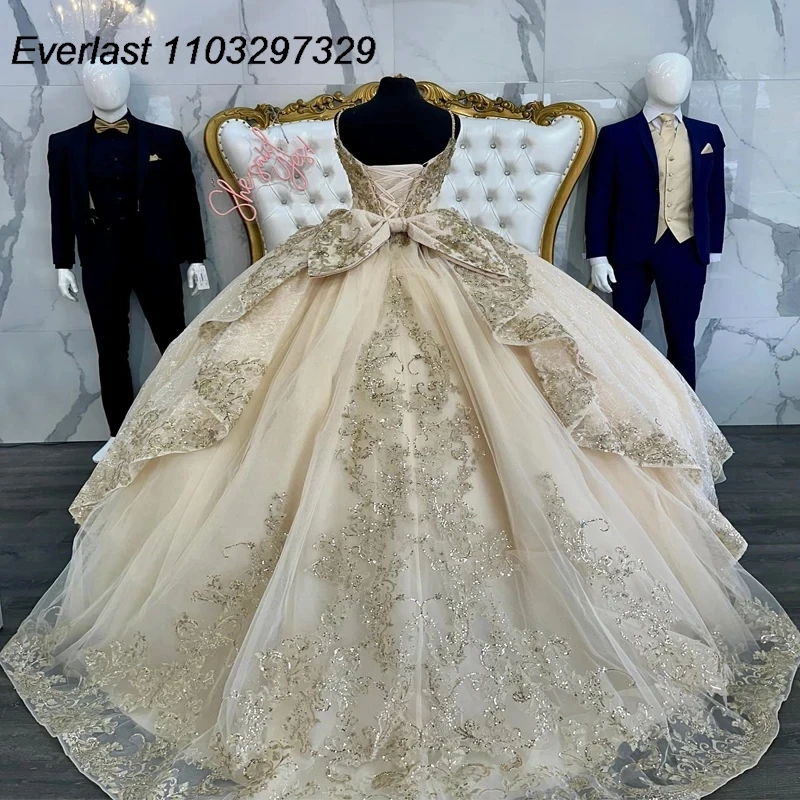 EVLAST Customized Champagne Quinceanera Dress Ball Gown Gold Lace Applique Beading Tiered Sweet 16 Vestido De 15 Anos TQD381