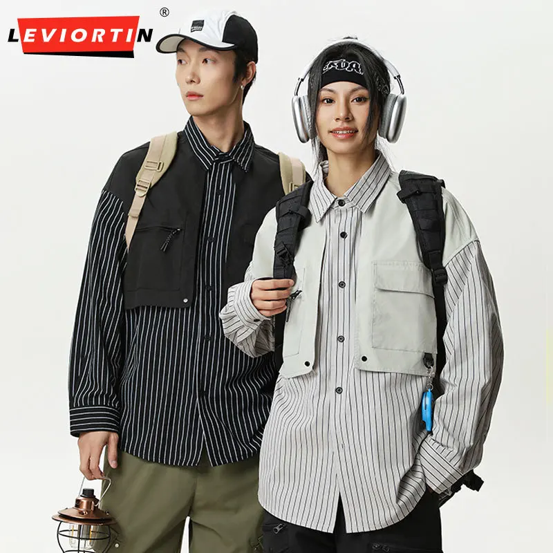 Men's Vintage Stripe Panel Outdoor Functional Workwear Shirt Spring Autumn Loose Fit Casual Long Sleeve Button Down Shirt Unisex