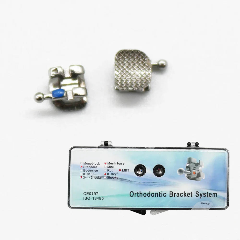 5Boxes Orthodontic Dental Bracket Mesh Base MBT 345Hooks 0.022 Mini/Standard Metal Bracket Plastic Box