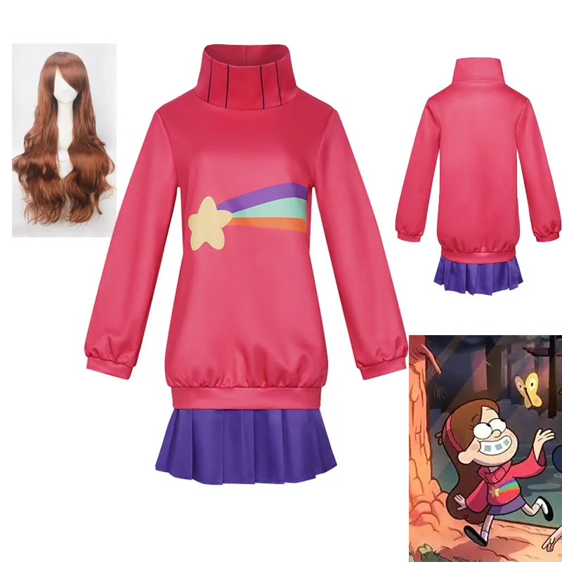 Disfraz de Cosplay de Anime Mabel Pines, Ropa con Estampado de Arcoíris Rosa de Mabel, Top, Falda, Peluca Marrón, Traje para Halloween y Navidad