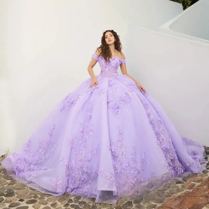 

Lavender Shiny Quinceanera Dress Off Shoulder Corset Ball Gown Applique Lace Beads Tull Sweet 16 Vestidos De 15 Años