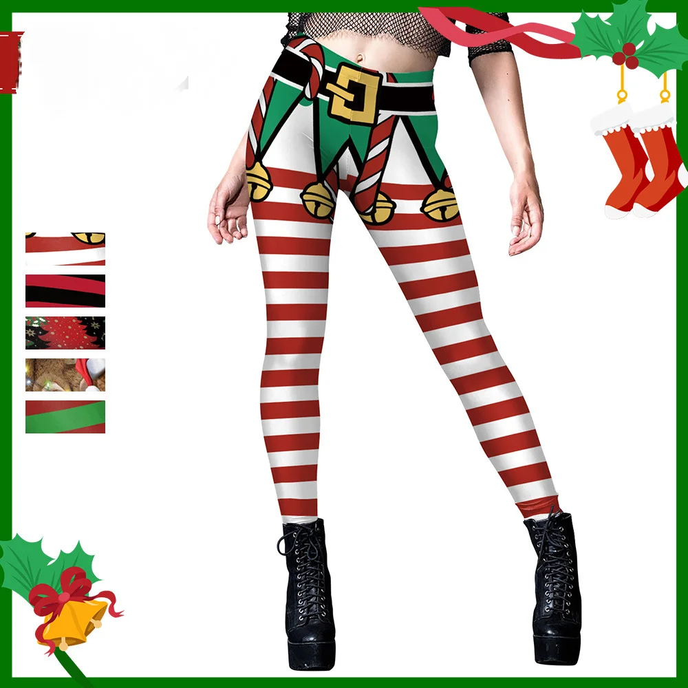 Yoga Leggings for Women Sexy Stripes Printed Christmas Costumes Sport Fitness Slim Trousers Holiday Party Pants Elastic Tights