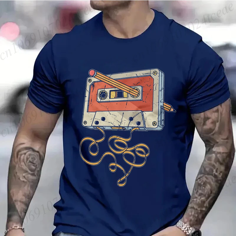 Men's Vintage Cassette Tape with Pencil T-shirt Shirts for Guys Funny Graphic Tees Birthday Clothes Fashion Casual Men's Tees