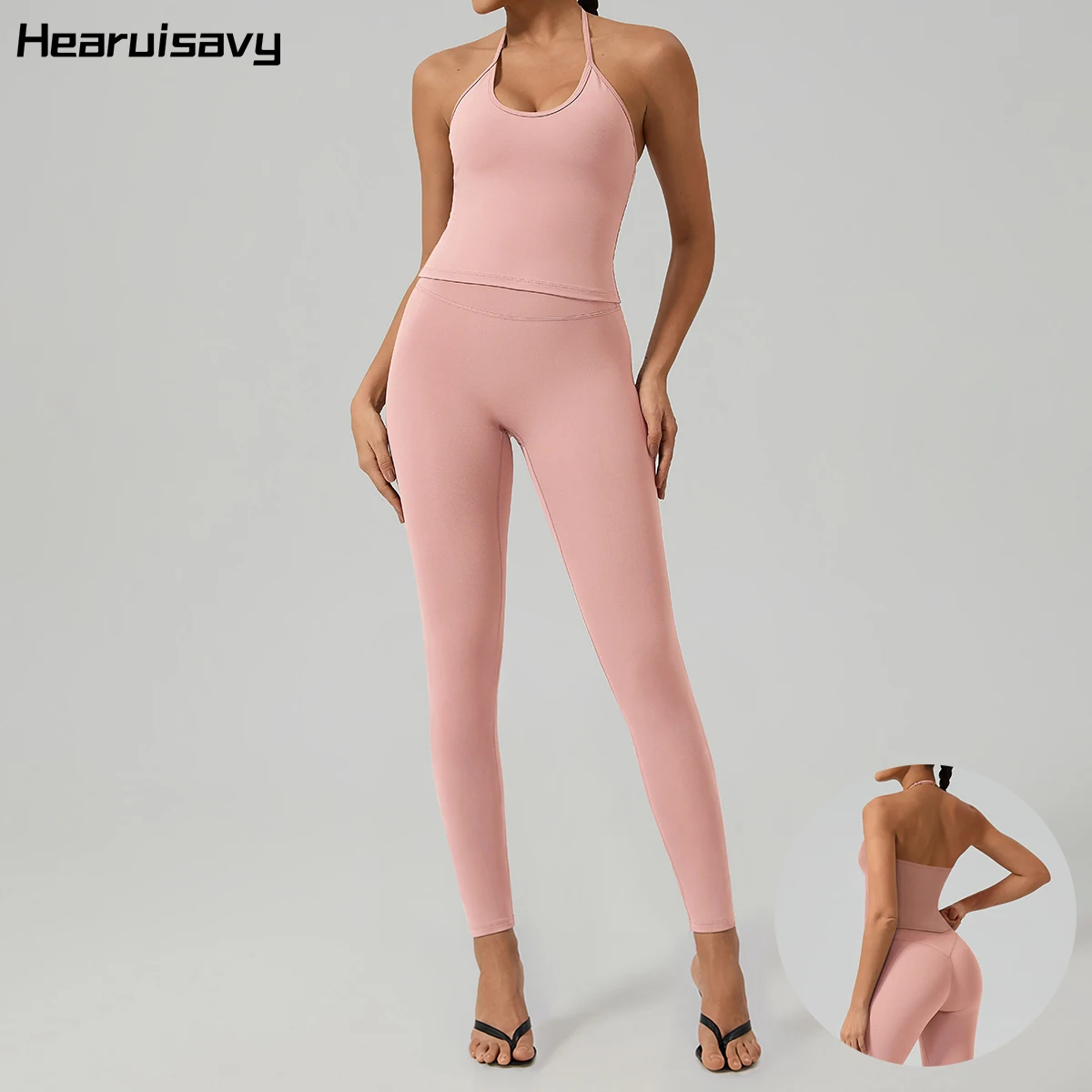 Hearuisavy Damen Yoga-Outfit 2-teilig, Sport-Tanktop mit offenem Rücken und hochtaillierte Leggings mit Bauchkontrolle, Stretch-Gym-Trainings-Set