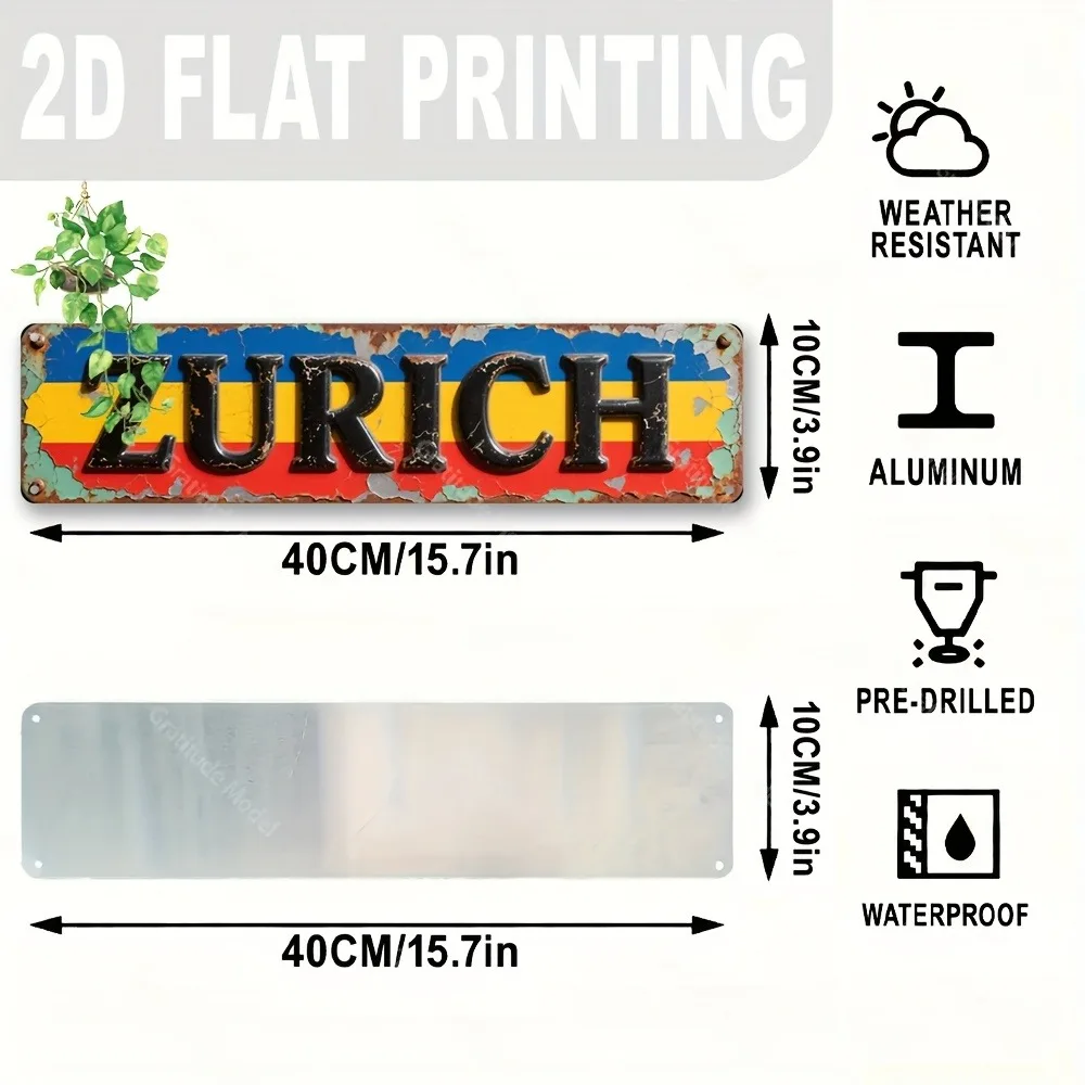 1pc 2D Flat Zurich Plaque 15.7x3.9Inch 40x10cm, Home Cafe Man Cave Indoor Outdoor Holiday Wall Decoration, Decorative Only