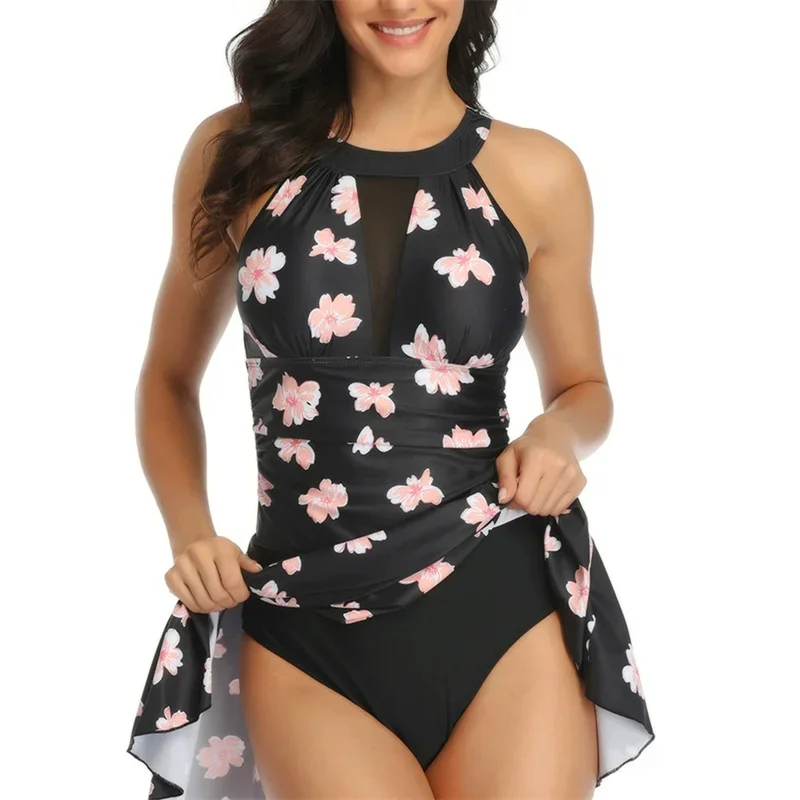 

Women's One Piece Swimdress Skirted Swimsuit Long Sexy O Neck Bathing Suit Women Print Mesh Bikini Swimsuit Skirt New Beachwear