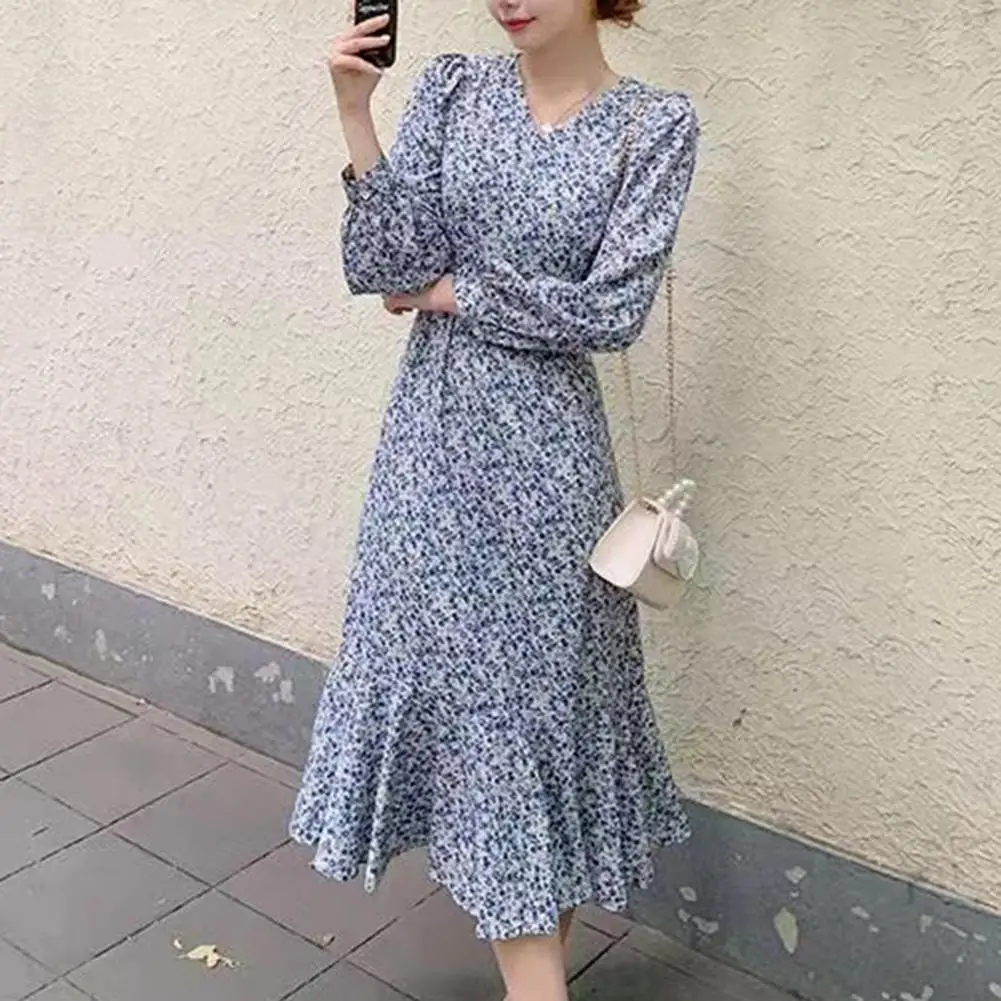 

Dress V Neck Long Sleeve Flower Print A-line Big Fishtail Hem Soft Patchwork Mid-calf Length Midi Dres dresses for women