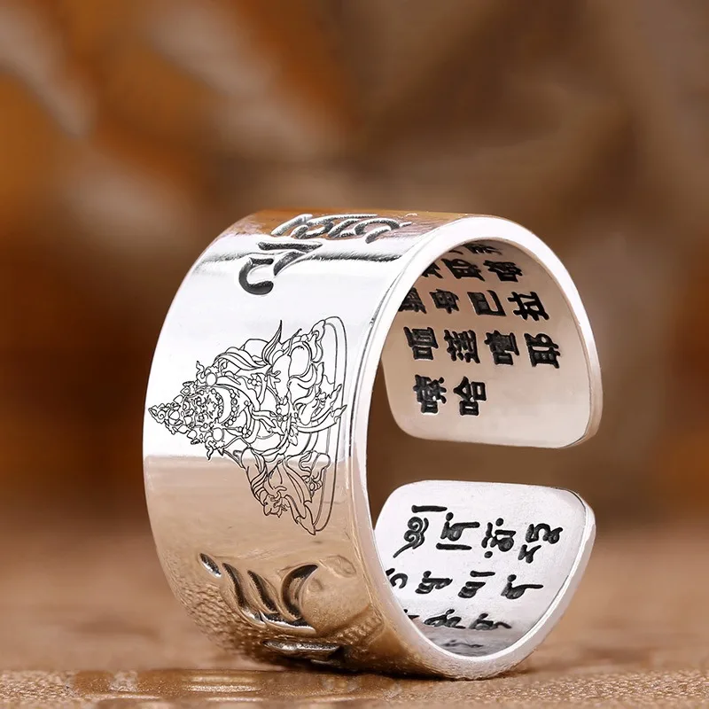 925 Thai Silver Craft Glossy Chinese Style Yellow God of Wealth Mens Rings Vintage Domineering Wide Ring Banquet Jewelry