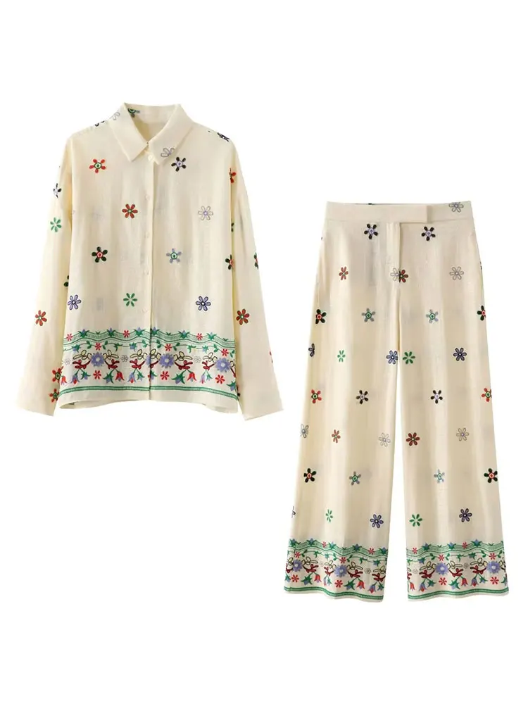 TRAFZA Women's Casual Shirt Summer Chic Retro Flower Embroidered Shirt + High Waist Side Pockets Women's Wide Leg Pants TRAF