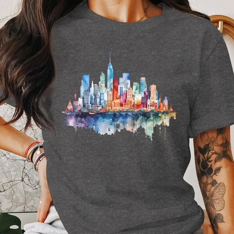 Colorful Watercolor City Skyline T-Shirt Artistic Urban Landscape  Unique Gift for Travelers Sweatshirt