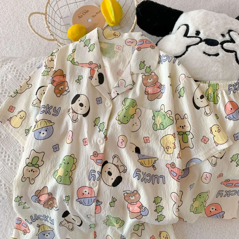 موضة الكرتون طباعة الحلو المرأة منامة الفرنسية عادية لطيف Y2K منامة للنساء التلبيب الرقبة زر تصميم 2 قطعة مجموعة ملابس منزلية #5