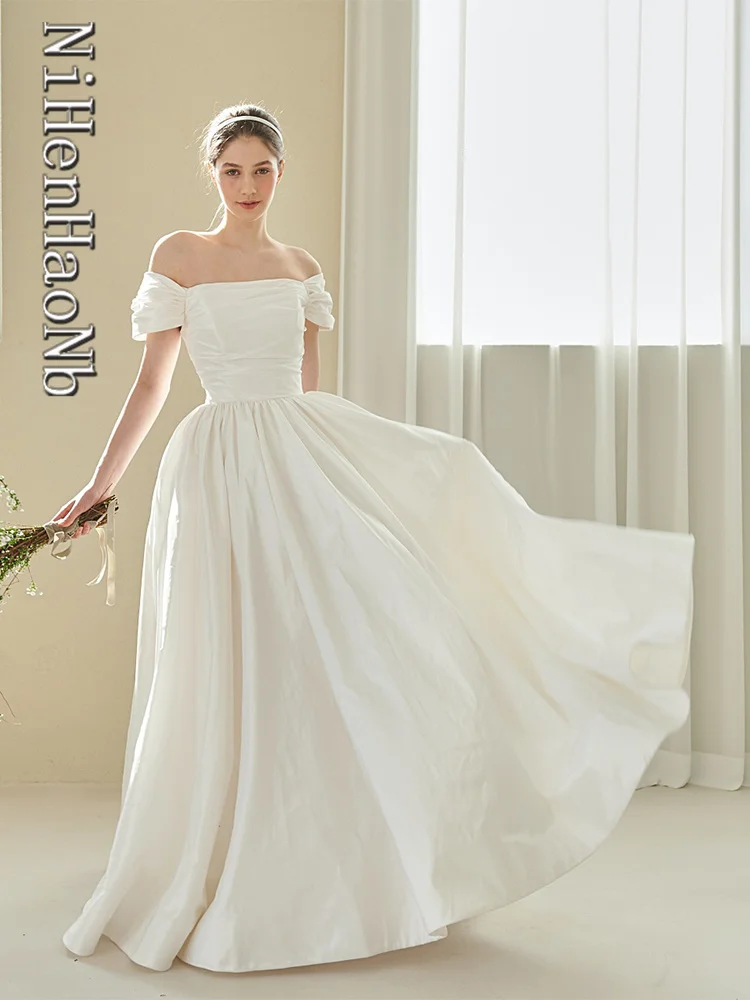 Off-Shoulder Square Neck Backless Sexy A-Line Elegant Short Sleeves Satin Floor Length Wedding Dress Gown Bridal Dress