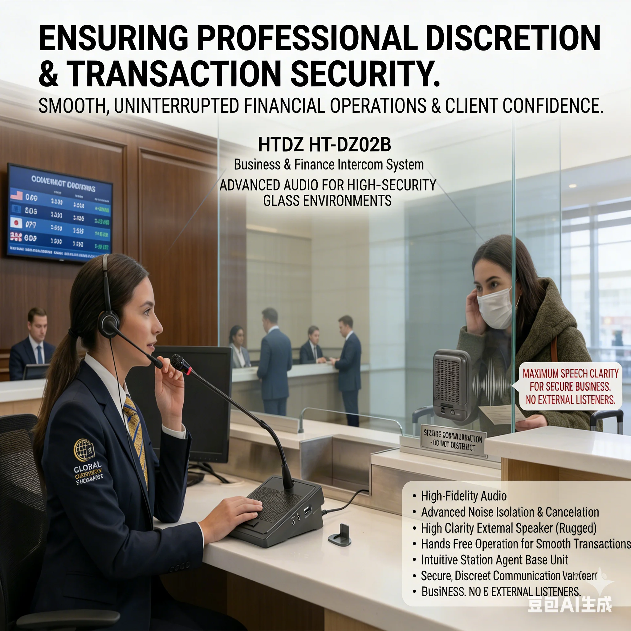 Dual-Way Window Intercom System Duplex Hands-Free Paging Microphone with Speaker for Bank Hospital Post Office Counter Service