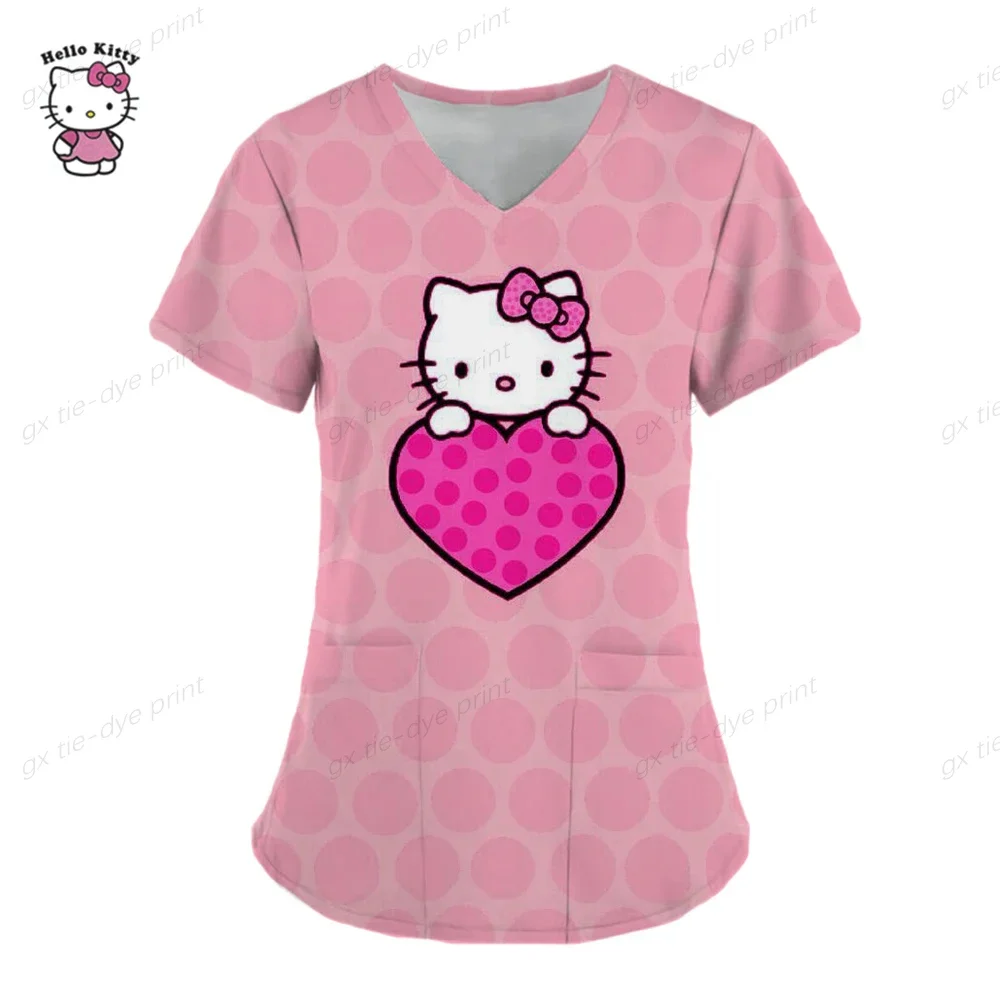 Cartoon Color Blocking Hello Kitty Printed Nurse Scrubs Women Nurse Uniform V-neck Clinic Uniform Hospital Spa pink y2k tops