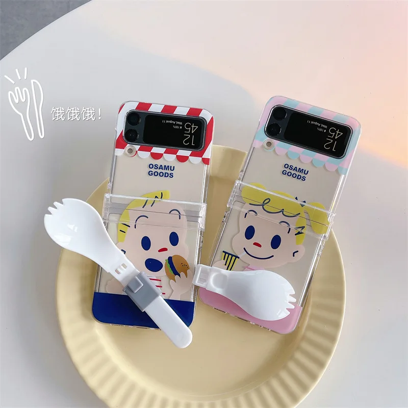 Cartoon Boy Girl Creative Spoon Phone Stand Case for Samsung Galaxy Z Flip 3 Z Flip 4 Hard PC Back Cover for ZFlip3 ZFlip4 Case