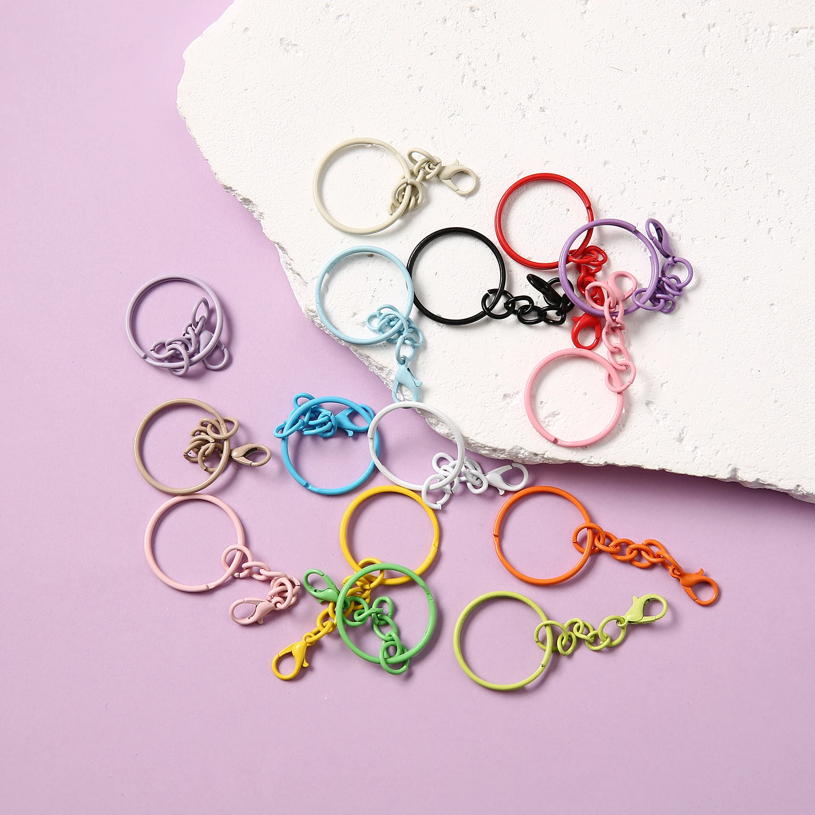 Macaron Color Key Ring Set with Extended Chain & Mini Lobster Clasp Painted Metal Keychain Hardware for DIY Bag Charms Key Chain