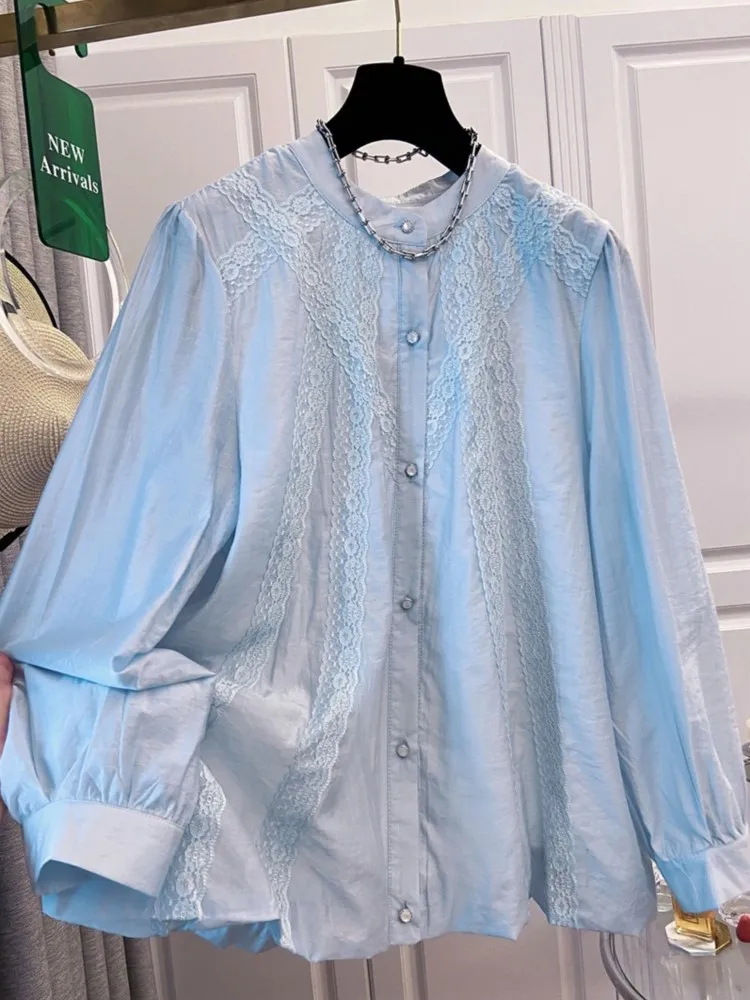 Oversize primavera rendas em torno do pescoço camisa feminina coreano manga longa casual solto senhoras blusas topos blusa feminina