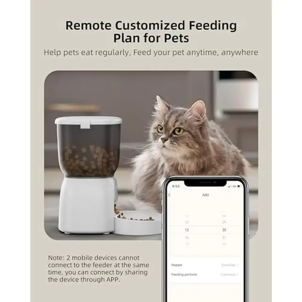 Smart WiFi Cat Food Dispenser 15 Portions 10 Meals/Day Dual Power Clog-Free Design Easy to Clean Automatic Feeder Cats Dogs