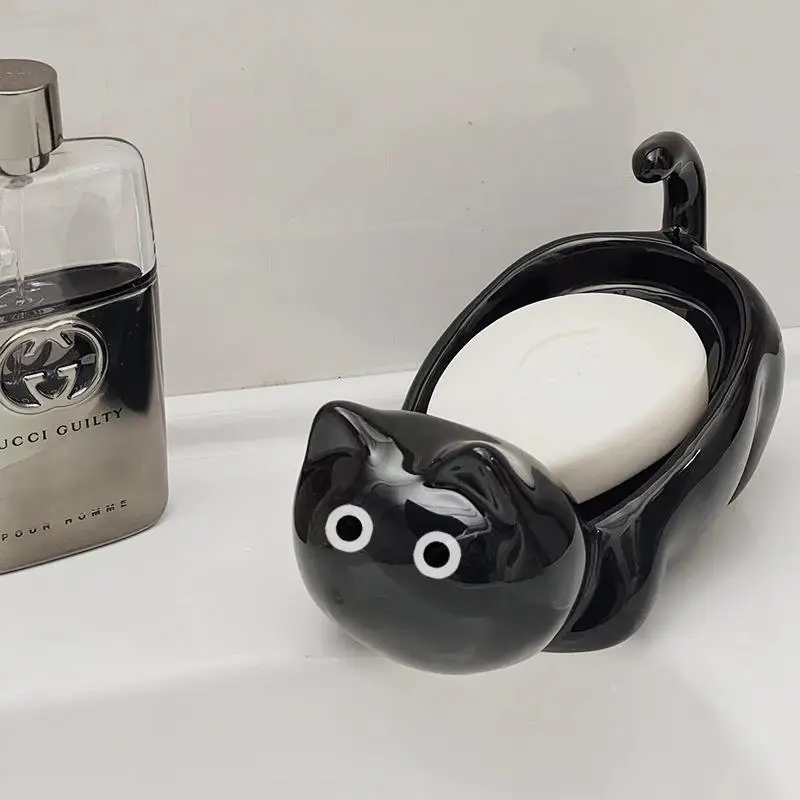

Cute Big Eyed Cat Soap Dishes Holder Draining Soap Box tilt Design Portable Soap Container for Bathroom Accessories Toilet Tools