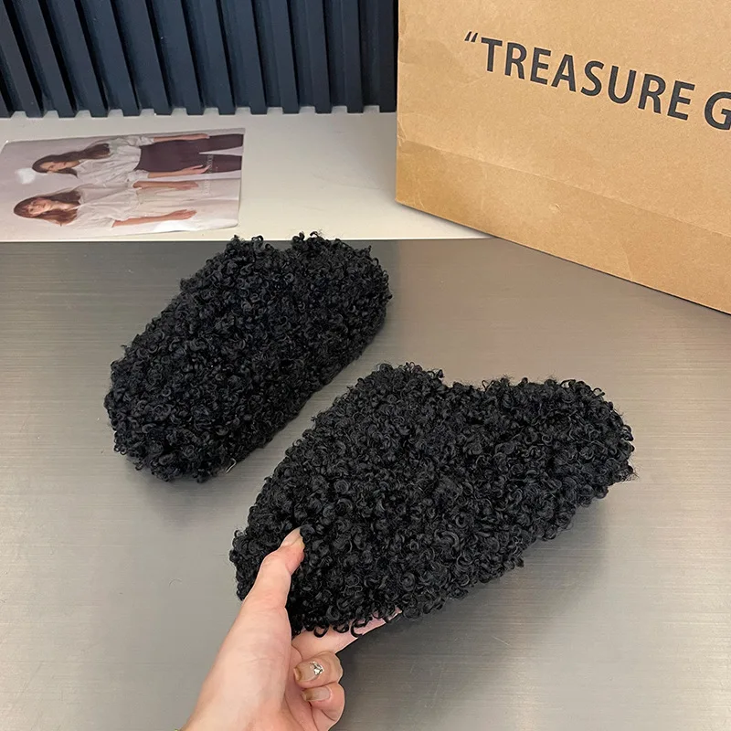 

Fur Shoes Flock Winter Woman Slipper Pantofle Med Platform Cover Toe Slides Plush 2024 Rome Hoof Heels Rubber Fabric House Slipp