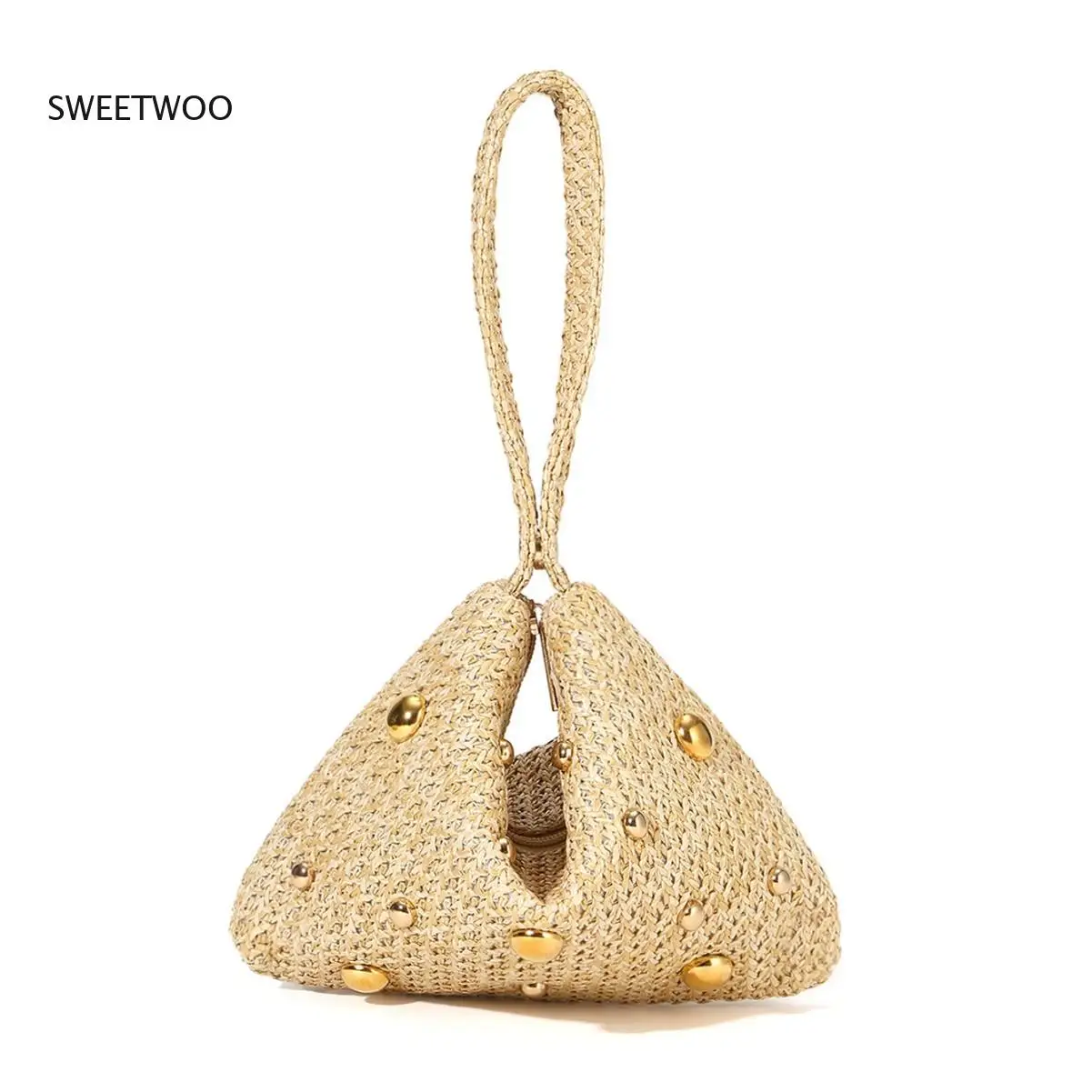 2026 Women Straw Woven Handbag with Bead Detail Triangle Shaped Casual Summer Purse