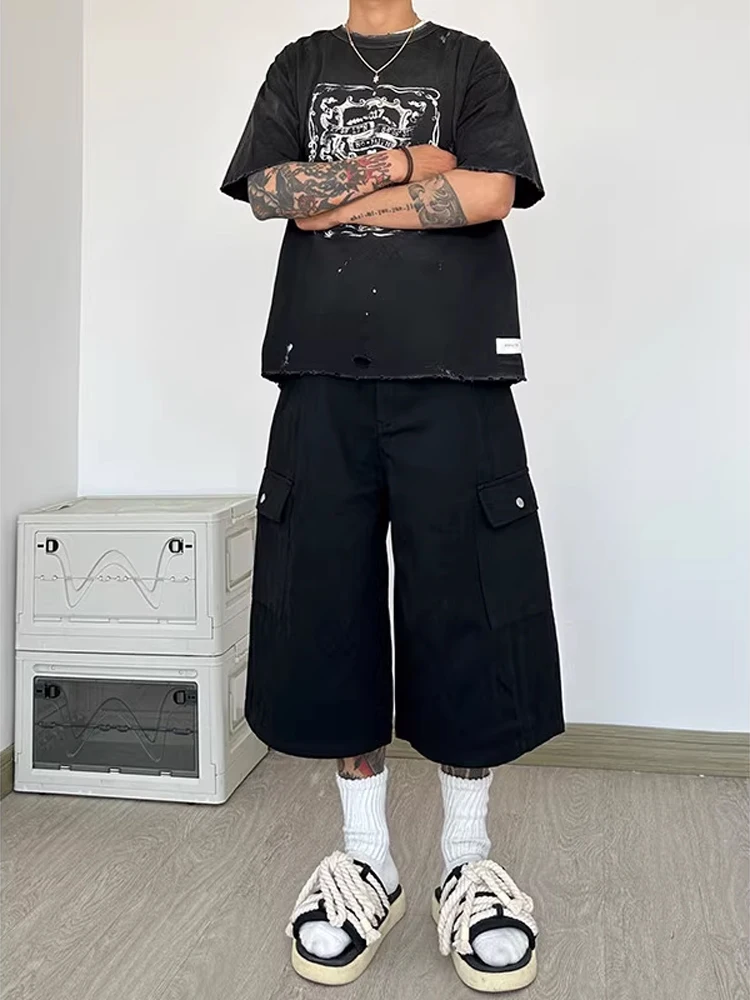 

Khaki Workwear ort Pants Men Summer Multi-ket Seven-Five Loose Wide Leg Six-Five Casual Trousers Faionable Vintage Ame...