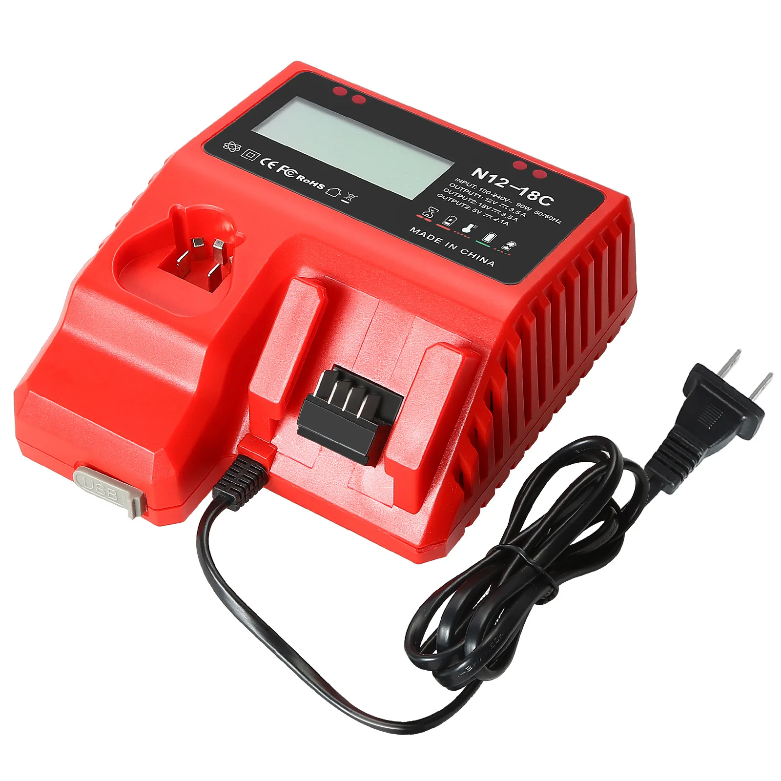 

Victpower NEW Dual Bay Smart Charger For Milwaukee M12 & M18 Batteries w/ LCD Display & USB-C Port |10.8V-18V Input |Globa Plugs